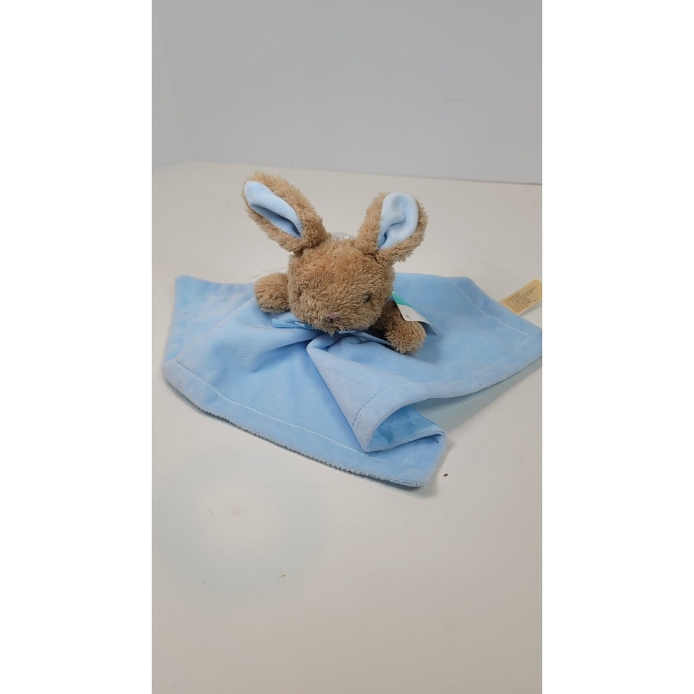 Blue Bunny Rabbit Lovey Rattle 13" Baby Security Blanket Plush Embroidered Face